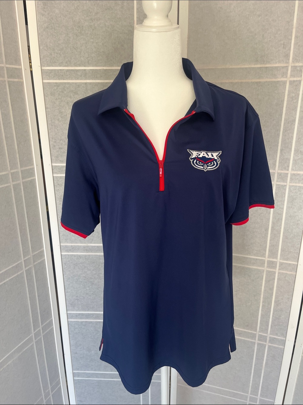 FAU Women's Navy Short-Sleeve Zip Polo with Red Trim